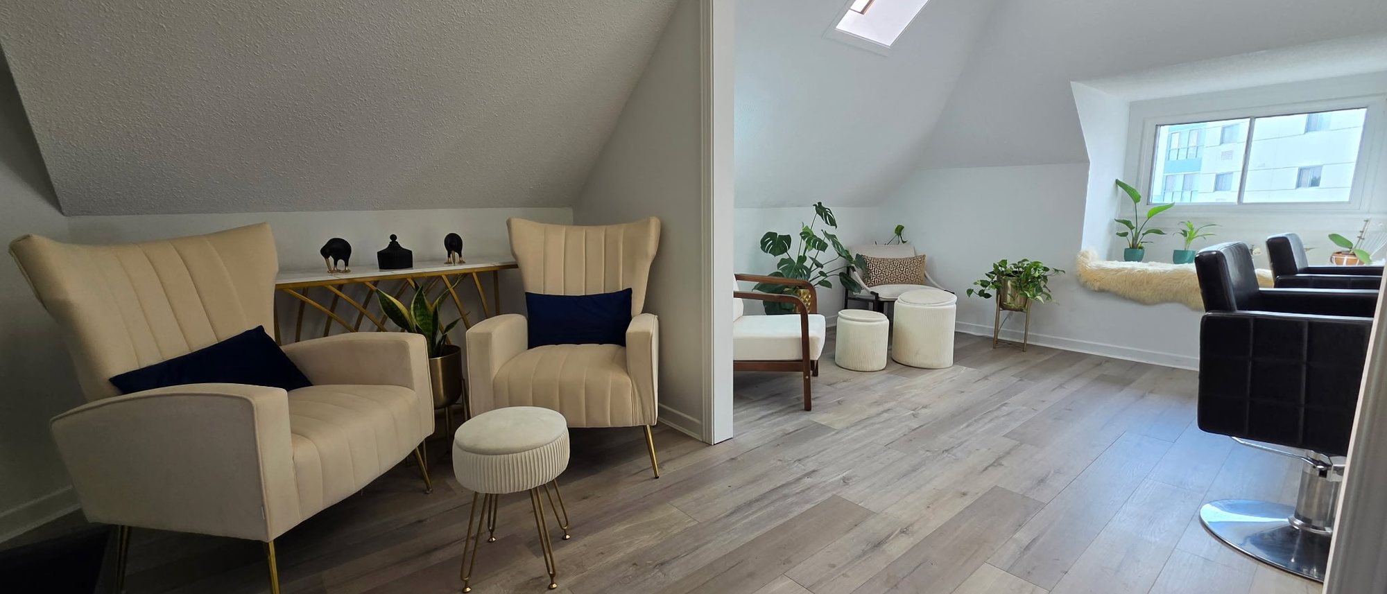 The studio lounge: cream armchairs, a console table with plants and the skylight beyond