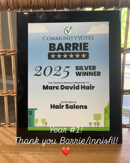 Community Votes Barrie 2025 Silver Winner award for Marc David Hair in the Hair Salons category