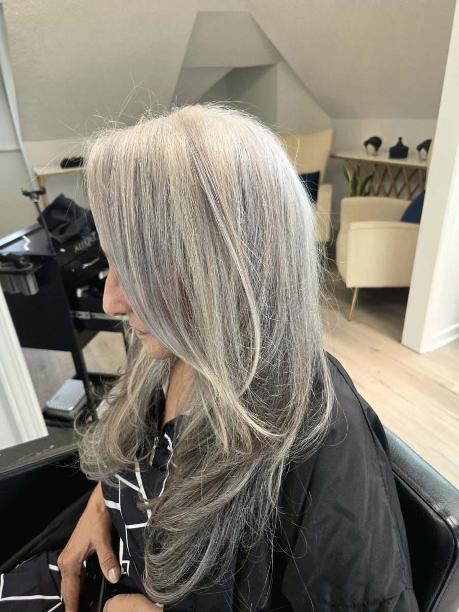 Silver grey blended long layers, side view
